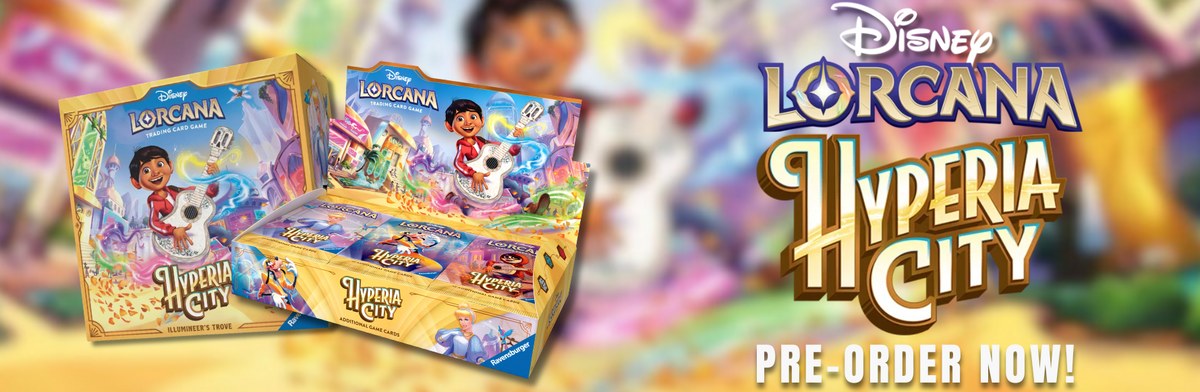 Disney Lorcana Hyperia City pre-order promotional graphic showing two illustrated product boxes with colorful fantasy artwork, alongside the Disney Lorcana Hyperia City logo and the text 'PRE-ORDER NOW!'. The background is a soft, blurred fantasy scene with pastel tones.